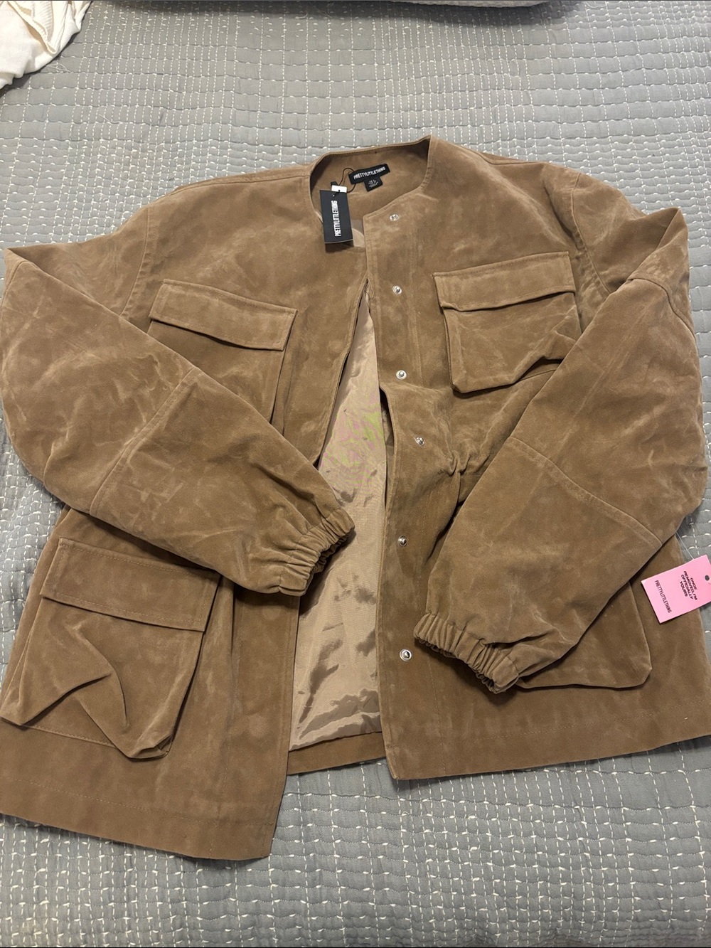 PrettyLittleThing Tan Suede Military Field Jacket